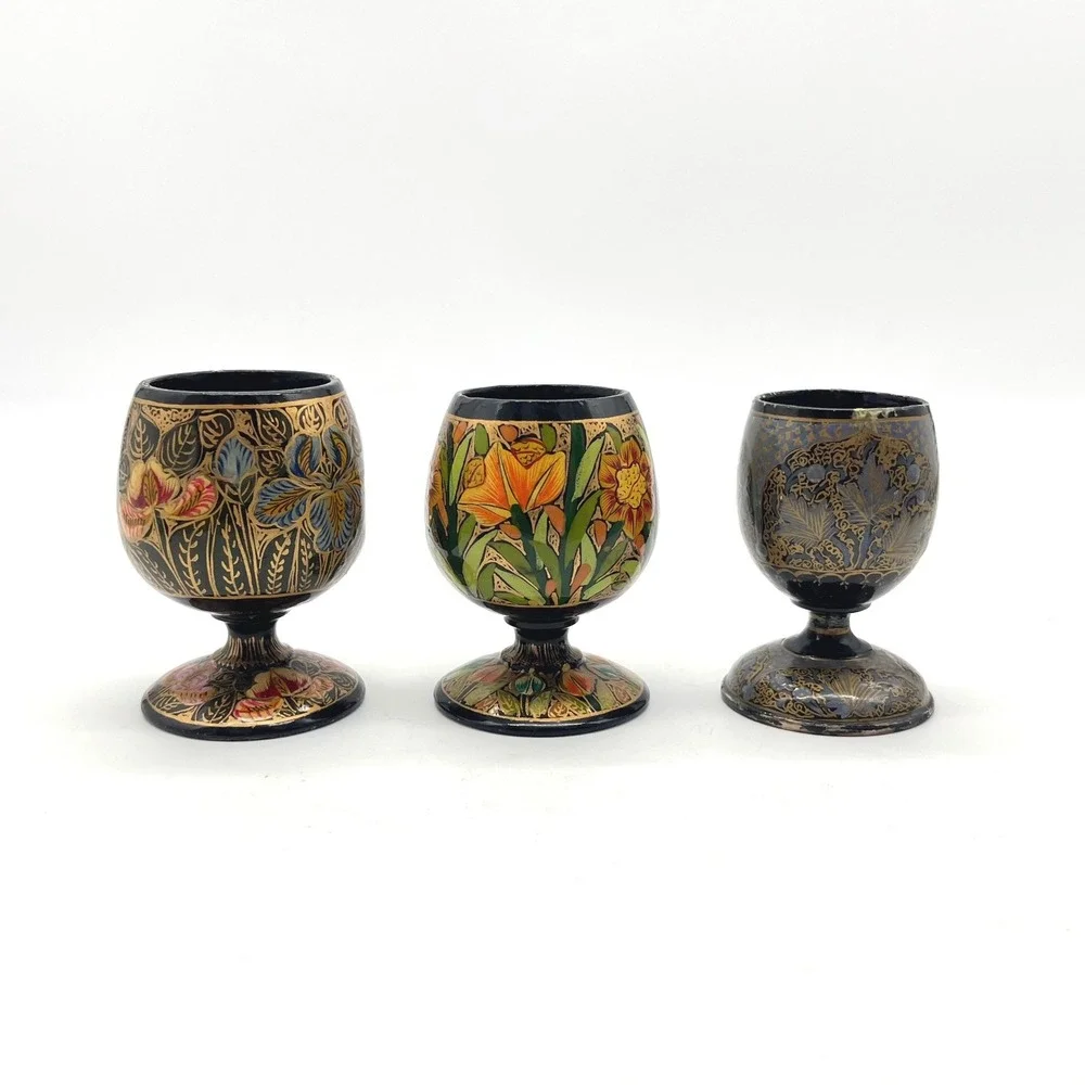 Vintage Hand Painted Floral Lacquerware Goblets Set of 3 Black Gold Decorative
